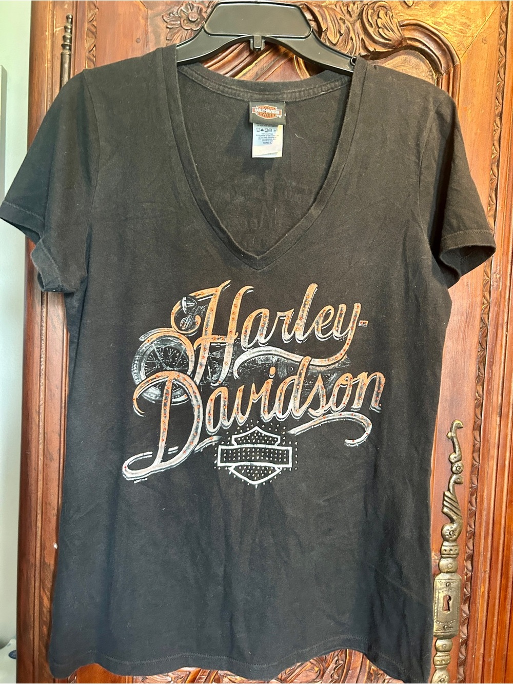 Harley-Davidson Black V Neck Tee with logo with orange rhinestones